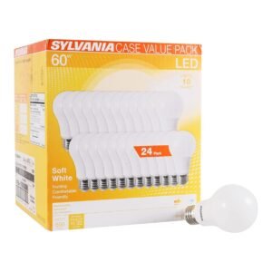 SYLVANIA LED A19 Light Bulb, 60W Equivalent, Efficient 8.5W, 10 Year, 2700K, 800 Lumens, Frosted, Soft White – 24 Pack (74765), Packaging may vary.
