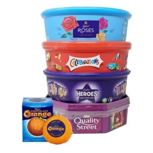Assorted Christmas Chocolate Tubs Selection - Pack of 5 - Bulk Buy of Roses, Heroes, Quality Street, Celebrations Chocolate Pralines & 1 Terry's Orange Chocolate with Topline Card for Chocolate Gifts
