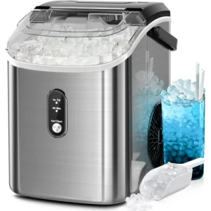 AGLUCKY Nugget Ice Maker Countertop, Portable Pebble Ice Maker, 30 lbs (approx. 15.9 kg)/day Chewable Ice, Self-Cleaning, Stainless Steel, Pebble Ice Maker, Suitable for Home/Kitchen/Office (Silver)